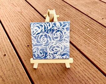 Mini Canvas Painting, Abstract Flowers, Whimsical Flowers, 3 inch by 3 inch, Modern Art, Rose painting