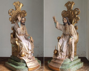 Christ the King Sacred Heart of Jesus Statue Sitting Chair Devotional Figurine 27.1 " / 69 cm Santos Olot Statue Religious Vintage /H513