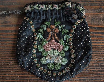 Victorian Beaded Drawstring Purse Reticule Floral Beaded Drawstring Purse Beaded Bag Beadswork Antique/J786