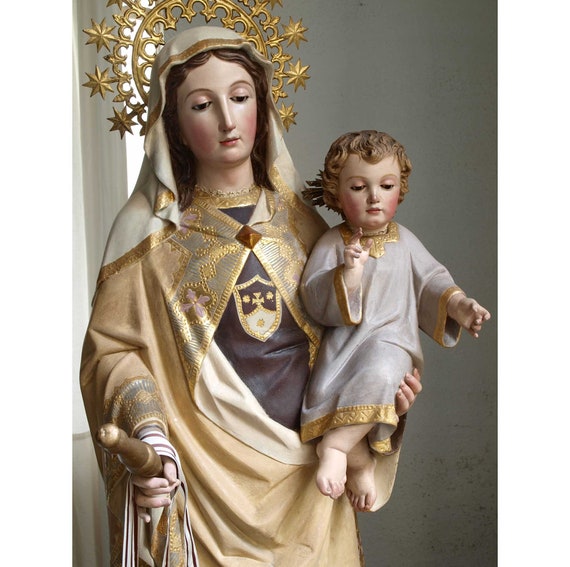 茶色のスカプラリオ カルメル山の聖母子像 高100cm グラスアイ 聖母マリアと幼児イエス 宗教彫刻オブジェ1910年 Etsy