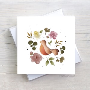 Anniversay card - Floral card - Mother's day card - square card  without text - Bird illustration - Greeting card