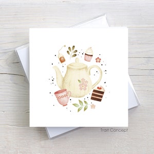 Carte d'anniversaire -  Carte de souhaits faite à la main - Carte sans texte - Tea party - carte de voeux - Carte amour gâteau