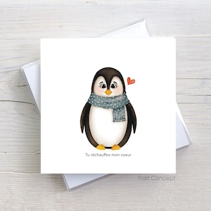 Carte amour pingouin -  carte anniversaire de mariage - Carte pour ami - carte de voeux - Carte illustration pingouin