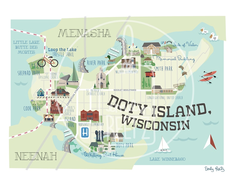 Doty Island Map Iconic Neenah / Menasha Art Print Etsy