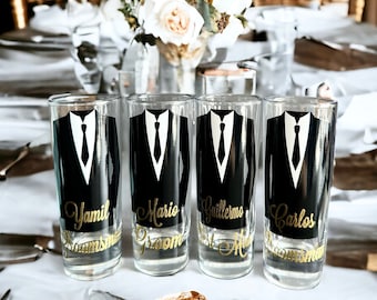 Personalized Shot Glasses with Tuxes, Groomsmen Wedding Glasses, will you be my groomsman, groomsman gifts, wedding party gifts