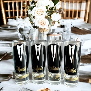 Personalized Shot Glasses with Tuxes, Groomsmen Wedding Glasses, will you be my groomsman, groomsman gifts, wedding party gifts