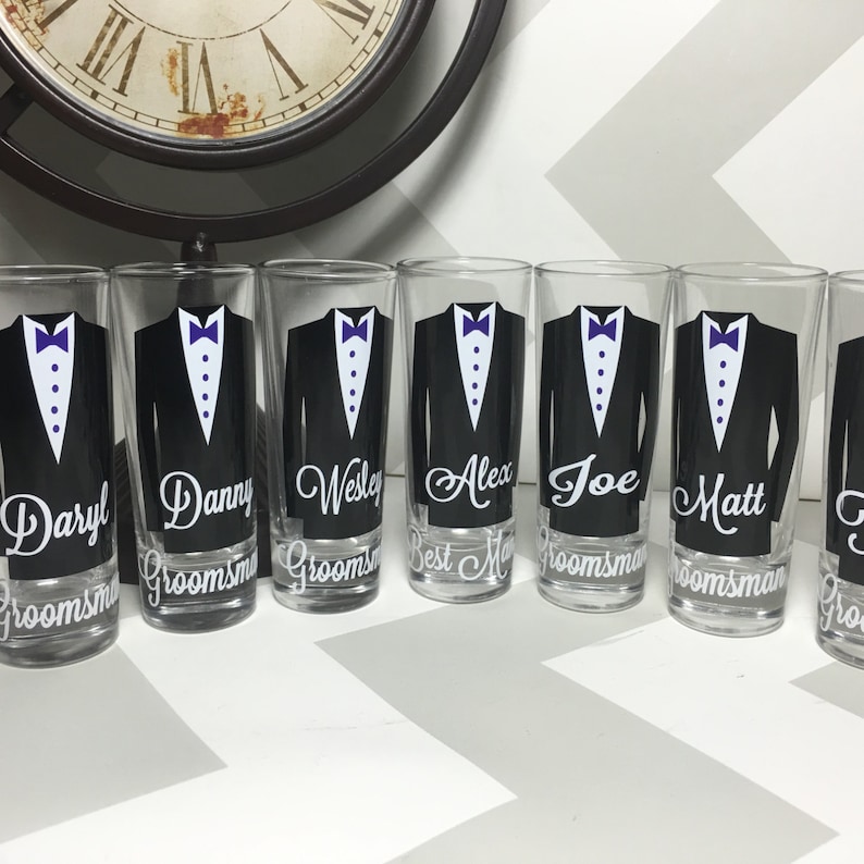 Personalized Shot Glasses With Tuxes Groomsmen Wedding - Etsy