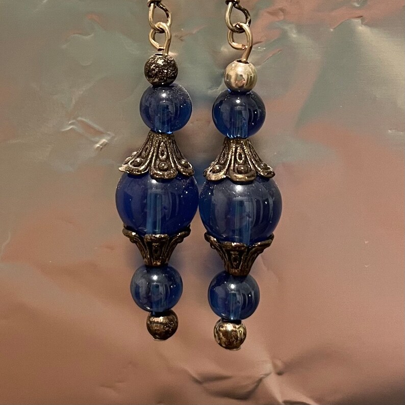 thumbnail image 2 of Handmade Dangle Clip-On Earrings - Cobalt Blue Glass Pearl & Silver Plated - UK 2 of 5