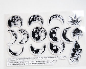 Moon Clear Stamp, Crescent Moon Clear Transparent Stamp, Bullet Journal Stamp, Moon Phases Stamp, Full Moon, Crescent, Lunar, Leaves, Text