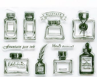 Vintage Ink Bottle stamps, Ink and Pen Clear Stamps, Quill Rubber Stamp, Bullet Journal Stamps, Fountain Pen Ink,  Hand Drawn, Pen and Paper