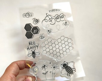 Bee Stamp, Honeycomb Clear Stamp, SunFlower Rubber Stamp, Planner Bullet Journal, Flower, Grass, Bee Happy, Beehive, Honeybee