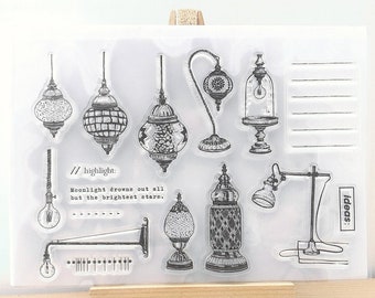 Hanging Light Bulb Stamp, Vintage Table Lamp Clear Transparent Stamp, Desk lamp Rubber Stamp, Bullet Journal, Home Decor, Sparkle, Pendant