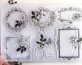 Flower Leaves Ornamental Frame Stamp, Flowers Vase Transparent Stamp, Flower Stamp, Floral