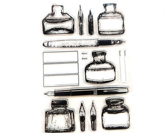 Vintage Ink Bottle stamps, Ink and Pen Clear Stamps, Quill Pens Stamp, Bullet Journal Stamps, Fountain Pen Ink,  Hand Drawn, Pen and Paper