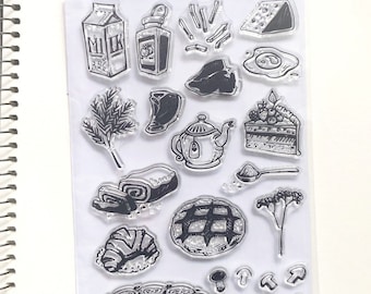 Breakfast Stamps, cake Clear Stamps, Food Rubber Stamp, Bullet Journal, Tea Stamp, Sunny Side Up, Milk, Egg, Mushroom