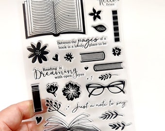 Books Stamp, Flower Clear Transparent Stamp, Book Club, Reading, Library, Book Stacks, Leaves, Eyeglasses, Story Book, Libraries