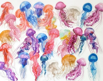 30 Pcs Large Watercolor Jellyfish Stickers, Underwater Clear Sticker, Sea Creatures Sticker, Marine Life, Nautical, Water, Fishing