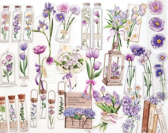 20 Pcs Purple Flower Clear Sticker, Flower Bottle PVC Sticker, Filofax Sticker, Daisy, Tulip,  Hydrangea, Floral, Bloom, Violet Rose