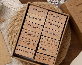 12 PCS Calendar Stamp, Days of the Week Wooden Stamp, Weekly Rubber Stamp, Weather Wood Stamp, Week, Month, Moon Phase