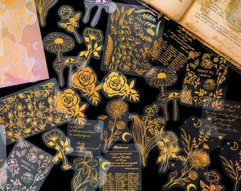 45 Pcs Flowers Leaves Gold Holographic Stickers, Manuscript PVC Sticker, Waterproof Sticker, Junk Journal Kit, Ephemera