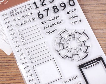 Date and Schedule Stamp, 12/24 Hours Timeline Clear Transparent Stamp, Planner Stamps with Chronodex and 24 Hour Schedules, Time Pie Chart