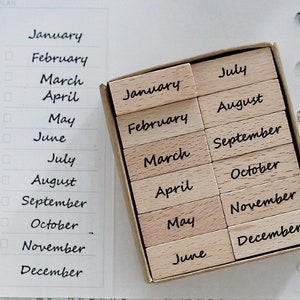 12 PCS Months Stamp, Monthly Wooden Stamp, Rubber Stamp, Wood Stamp, Bullet Journal, Planner, Calendar, Date, Modern Calligraphy