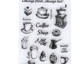 Coffee Shop Stamp, Coffee Cup Clear Transparent Stamp, Vintage Coffee Grinder Rubber Stamp, Planner Bullet Journal, Coffee Beans, Latte,Cake