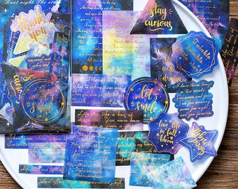 60 Pcs Large Galaxy Poetry Gold Foil Sticker, Letter Watercolor Sticker Flakes, Junk Journal stickers, Galaxy, Memo, Rainbow, Fonts, Article