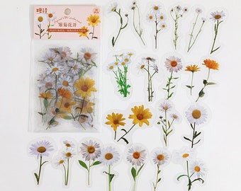 40 Pcs White SunFlowers Clear Sticker, Flower Floral PVC Sticker Flakes, Filofax Stickers, Scrapbook, Leaves, Botanicals, Daisy
