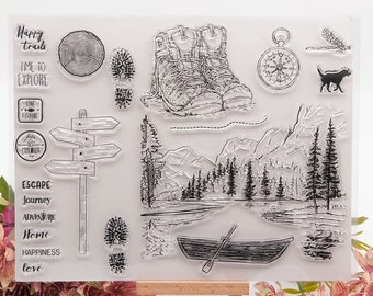 Lagre Mountain Hills Trees Forest Stamp, Shoes Boat Clear Transparent Stamp,  Rubber Stamp, Hills Silhouette Stamp, Silhouette Stamp, Travel