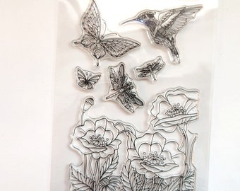 Flower Stamp, Leave Clear Stamp, Birds Rubber Stamp, Planner Bullet Journal, Butterfly, Dragonfly, Sketch