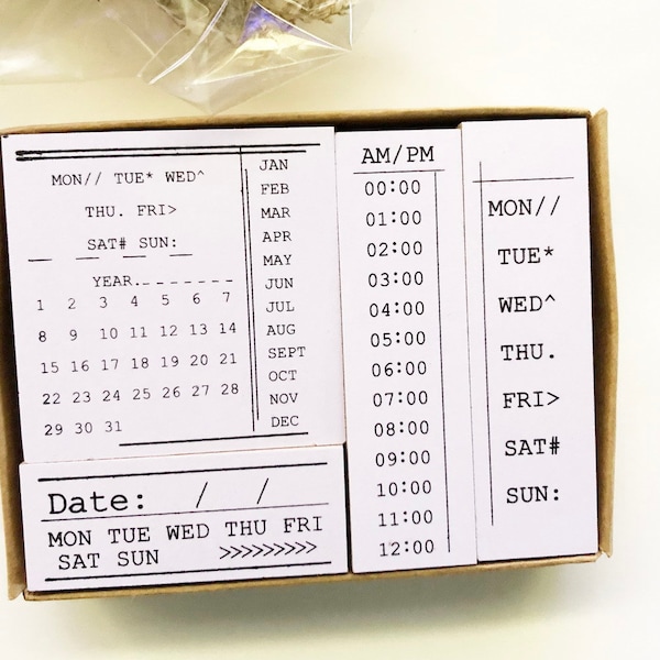 Conjunto de 4 sellos de goma de calendario, sello de diario de balas, sello de goma de días de la semana, sello de goma de días, sellos de tiempo de días