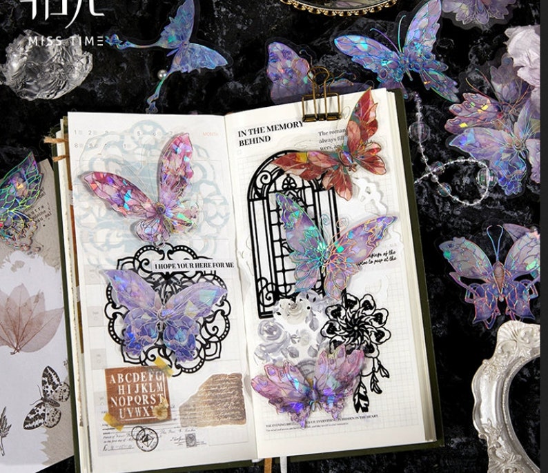 Autocollant holographique papillon violet 20 pièces, autocollant PVC papillons, Bullet Journal, irisé, art en résine, insectes, spécimen, espèce image 2