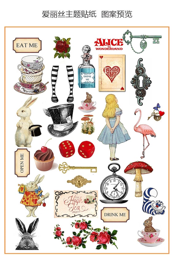 Alice in Wonderland 30 spice glossy labels stickers 