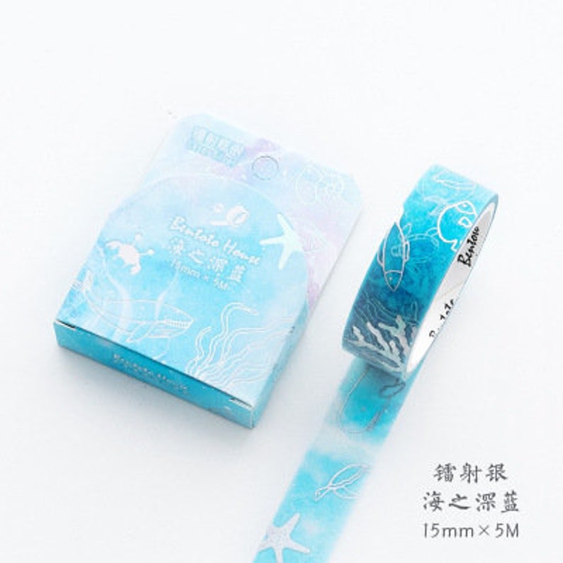Shell Japanese Washi Masking Tape Oncean Watercolor Washi Tape Sea 15mm Blue Silver Foil Washi Tape