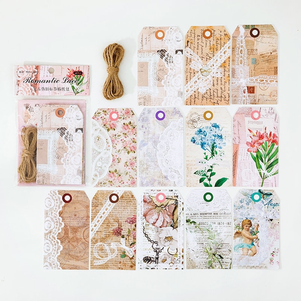 Vintage Junk Journal Tags Sticker, 24 Piece Tag Set, Kraft Label Paper Tags Stickers Pack,  Parcel tags, Nature, Flower, Lace, Hemp Rope
