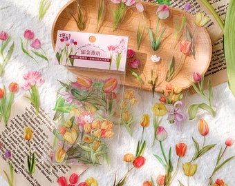 40 Pcs Tulip Flower Clear Sticker, Flower Floral PVC Sticker Flakes, Scrapbook, Garden, Pink Tulip, Spring Botanicals, Yellow Tulip, Spring