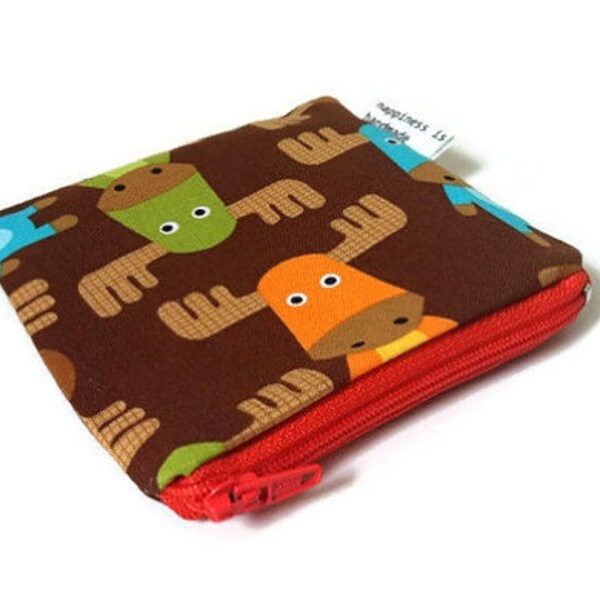 Moose Zipper Pouch -  Moose Wallet - Coin Purse - Small Cosmetic Bag - Brown Zipper Wallet - Kids Pouch - Colorful Pouch - Woodland Animals