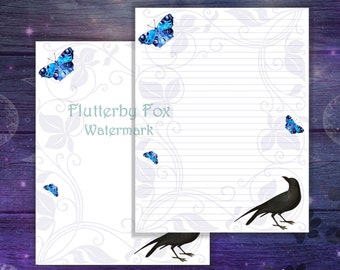 Crow Letter Paper | Butterfly Writing Pages | Printable Raven Paper | Raven Stationery | Butterfly Pages | Raven Junk Journal | Digital Page