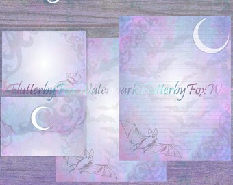 Printable Bat Paper | Bat Stationery | Gothic Paper | Junk Journal Page | Moon Stationery | Nocturnal Stationery | Bat Writing Paper