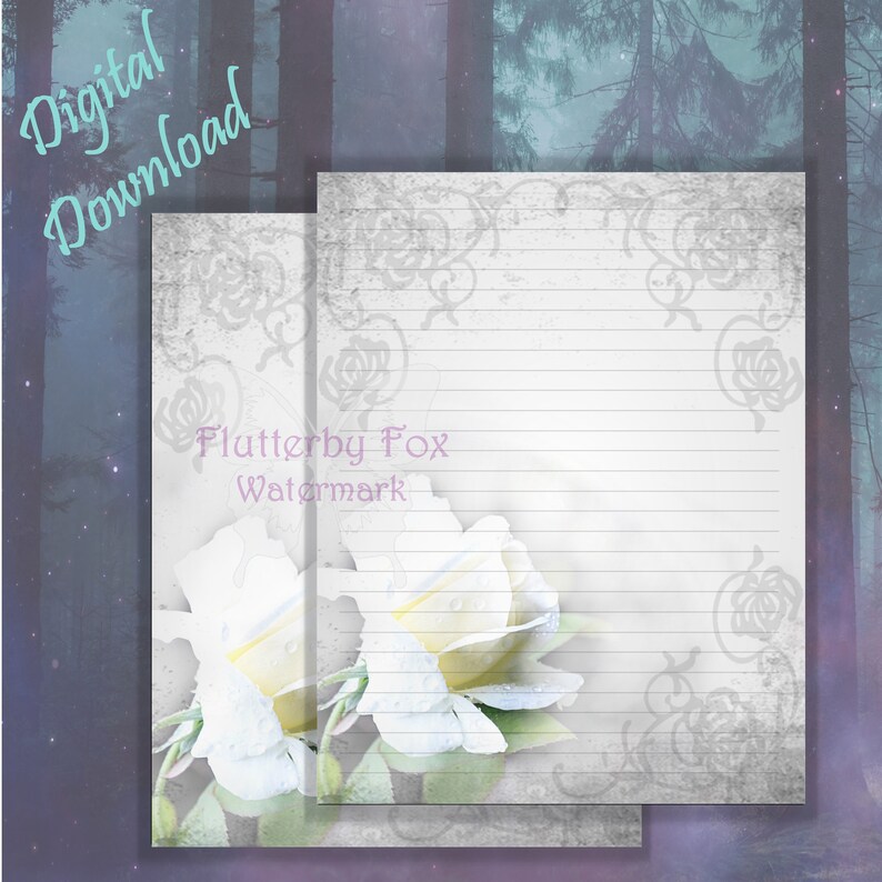 White Rose Page Rose Letter Paper Rose Printable Floral Letter Page Floral Junk Journal Rose Stationery Flower Writing Paper