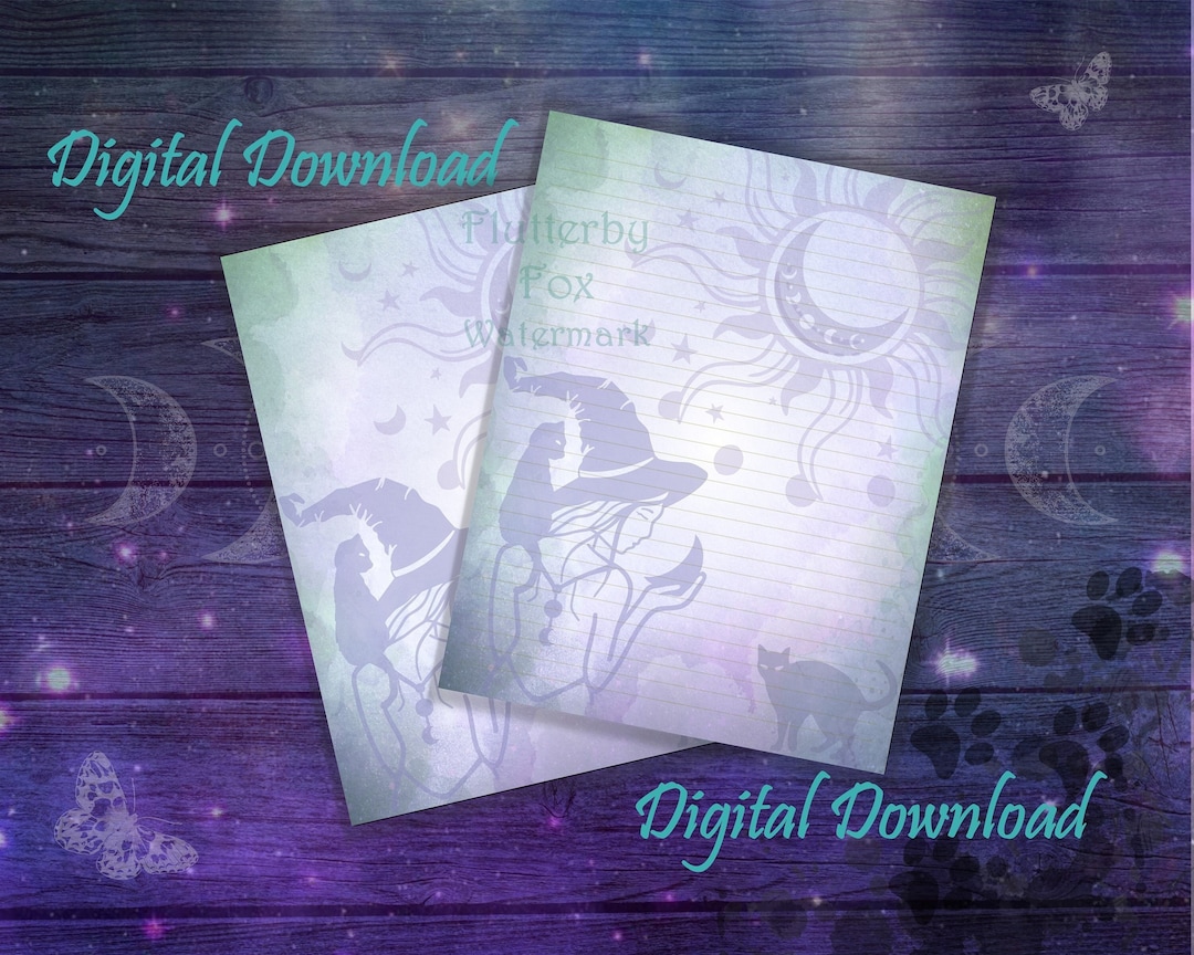 Moon Spell Paper Printable Witch Page Cat Stationery Witchcraft Paper Moon Witch Junk Journal ...