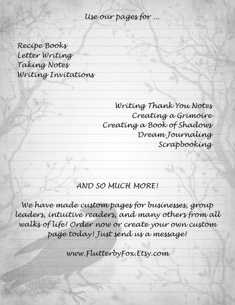 Grimoire Page Book of Shadows Grimoire Pagan Stationery Lined Stationery Book of Shadows Page Raven Crow Stationery Stationery Page