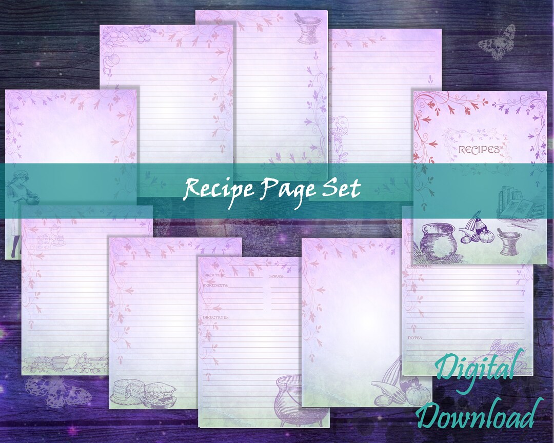 Recipe Page Set Printable Recipe Book Cook Book Paper Kitchen Writing ...
