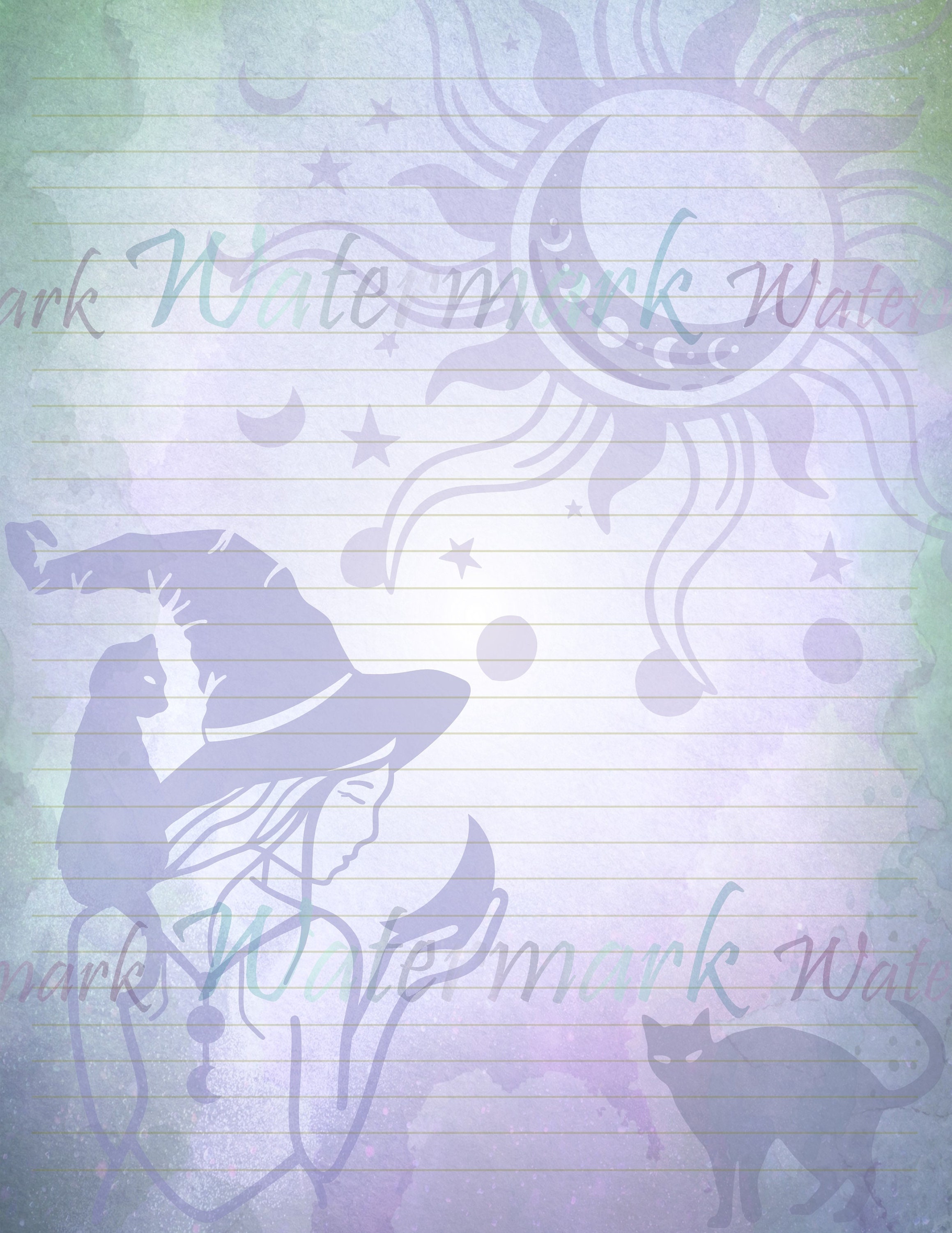 Moon Spell Paper Printable Witch Page Cat Stationery Witchcraft Paper Moon Witch Junk Journal ...