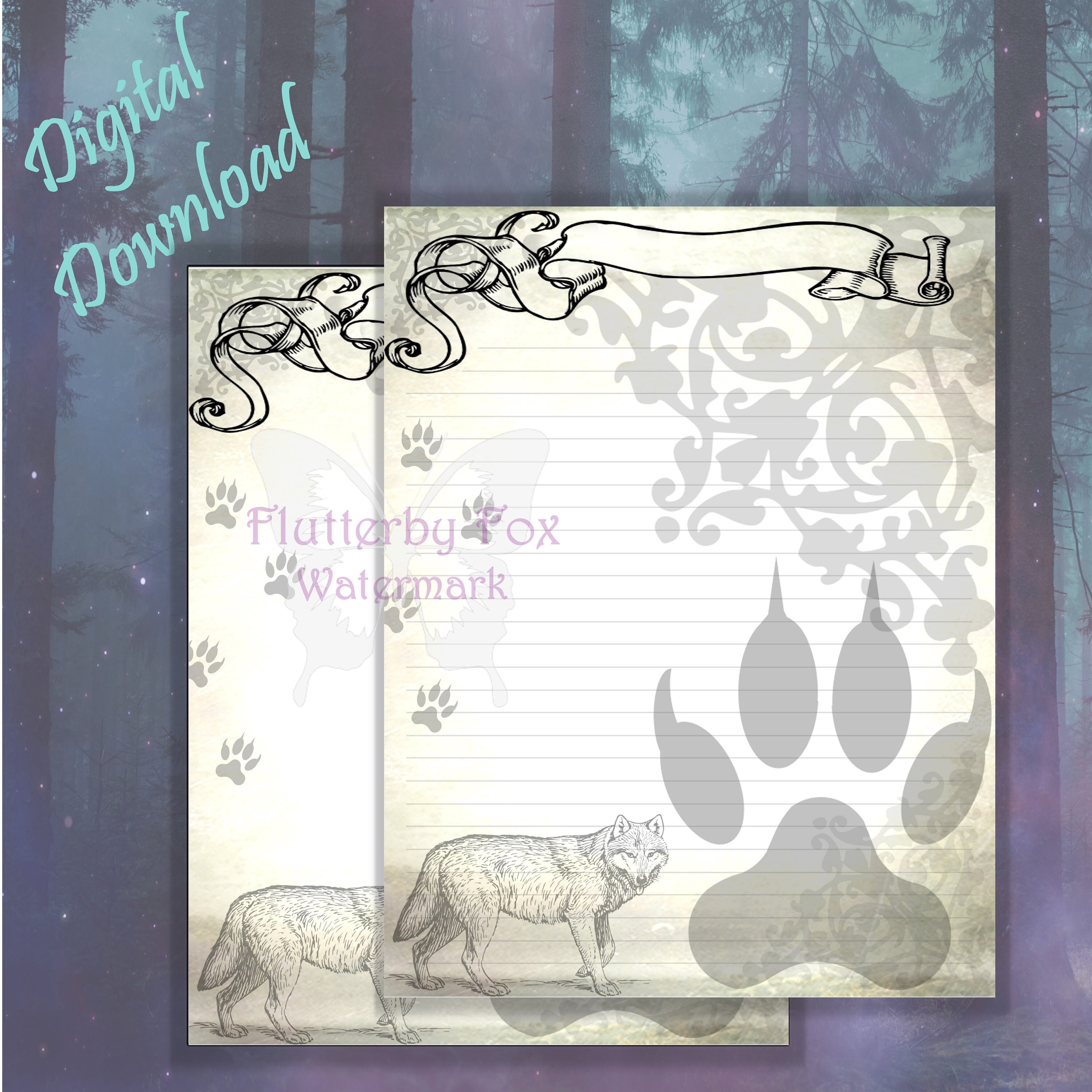 Wolf Stationery Printable Wolf Page Wolf Letter Paper Etsy