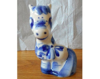 Very rare soviet Porcelain figurine white blue Horse stallion Gzhel cobalt hand painting Russia USSR 1970-80s