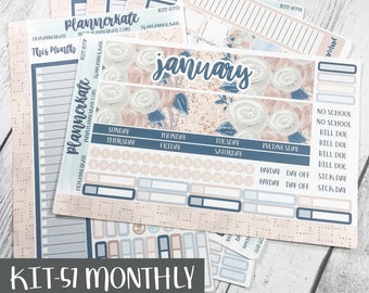 Sale! KIT-57 MONTHLY || January Winter Flowers - Monthly Kit Stickers for Planner (Removable Matte Stickers)