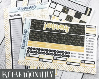 Sale! KIT-56 MONTHLY || January Black & Gold NYE - Monthly Kit Stickers for Planner (Removable Matte Stickers)