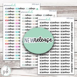 May include: Three sheets of planner stickers featuring the text NEWrelease in various colors and fonts. A large circular mint green overlay in the center displays the text NEWrelease in a bold black script font with a white outline border.
